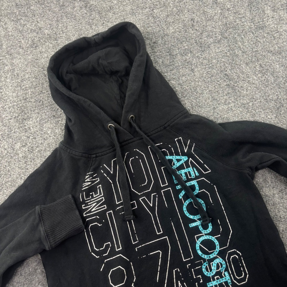 VTG Aeropostale Hoodie Small Black NYC Rhinestone Graphic Pullover Womens